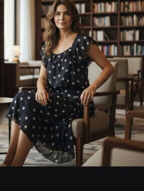 LC Lauren Conrad Navy and White Polka Dot Ruffle Dress Ensemble.